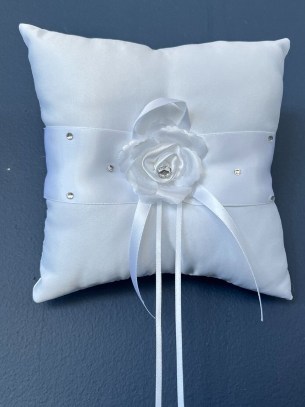 White Satin Ring Bearer Pillow with Rhinestones